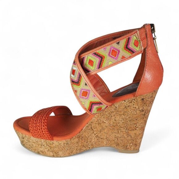 The Sak Criss Cross Wedge Ankle Sandals "Bright Orange Aztec Print" Women's 8 - Picture 7 of 11